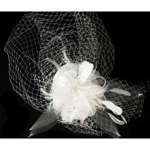 White Russian Cage Veiling Bridal Hat with Swarovski Crystal & Feather 