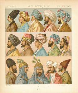 Afghan Persian Turkish men Turbans 1888 Racinet color lithographed 