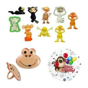 24 Monkey Cupcake Rings with 20 Monkey Party Favors and Mylar Balloon 