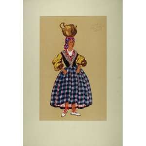 1929 Pochoir Woman Costume Jug Le Pays Basque France   Orig. Print 