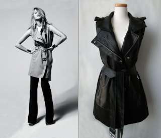   Trendy Long Trench Style Belted Biker Leather Trim Vest Jacket  