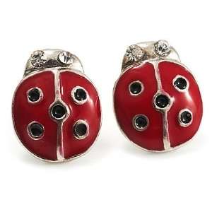  Red Enamel Lady Bird Stud Earrings (Silver Tone): Jewelry