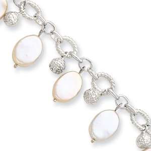  Sterling Silver Beads & Biwa Pearls Dangle Link Bracelet 
