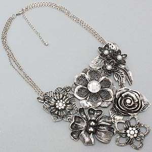 Floral Bibb Necklace & Earring Set Silver Tone  