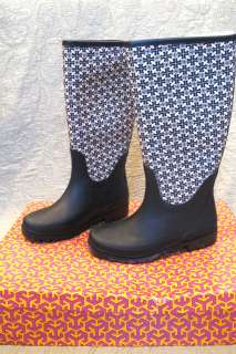 NIB NEW Size 7 8 9 Tory Burch Black Tan Jacquard Rain Boots  