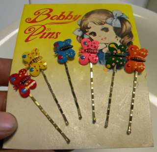 VTG 6 BUTTERFLIES METAL BOBBY PINS HAND PAINTED 1960s  