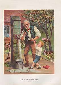 FATHER & SON PUMPING WATER FROM WELL ANTIQUE PRINT 1887  