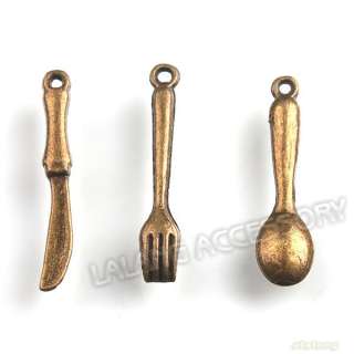 90 Antique Bronze Charms Mini Knife Fork Spoon Pendants Fit Necklace 