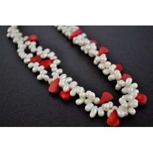 White Freshwater Pearl Beads & Red Coral Necklace: Office 