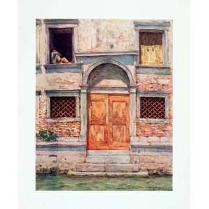  1912 Color Print Building Home Orange Door Canal Venice 