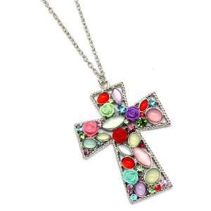  Bohemian Colorful Stone with Roses Cross Necklace 