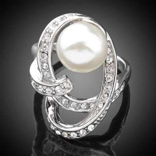 Rhodium Plated Silver tone Multi layer,Swarovski Crystal Pearl Ring 