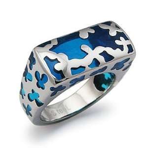  Stainless Steel Womens Ring with Blue Resin Inlay   Size 