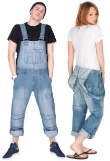 Mens Womens Relaxed Fit Bib Overalls Light Wash Denim Blue Jeans XS S 