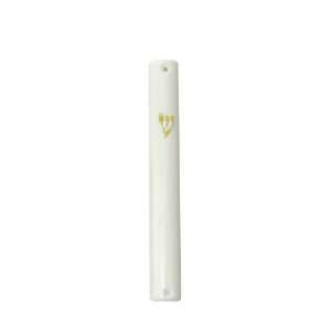   Mezuzah of White Plastic with Gold Hebrew Letter Shin 