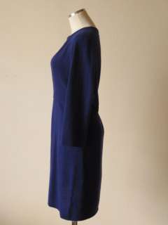   indigo blue wool cashmere v neck pleated a line sweater dress L  