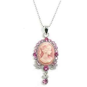   Ice Cameo Woman Necklace with Pink Crystal Dangle Silver Tone: Jewelry