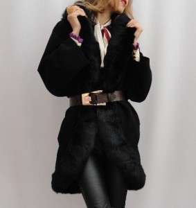 BN CATHERINE MALANDRINO Black Fur / Wool Knitted Coat UK14 / US12 