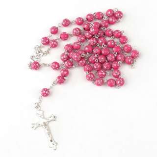 Catholic Rosary Rosario Jesus Cross rose red Round Bead Necklace 