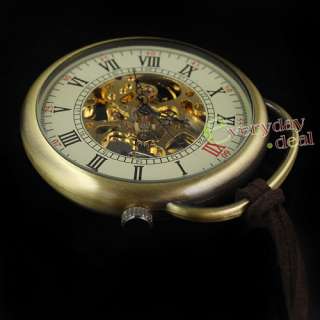 Copper Skeleton Pocket Watch Special Design Mechanical Leather Chain 