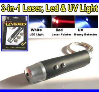   Red laser pointer + LED flashlight + UV money detector with Keychain