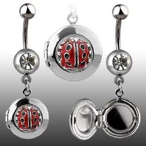 Belly Ring Locket with Lady Bug and Clear Cubic Zirconia   14G   3/8 