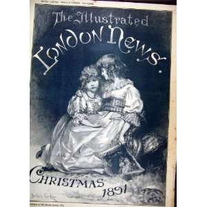   1891 Christmas Young Girls Holding Book Sitting Print