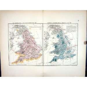   Antique Map 1885 England Wales Air Temperature May Rainfall Pressure