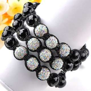 Clear AB Crystal Resin Black Agate Faceted Bracelet Disco Ball Macrame 
