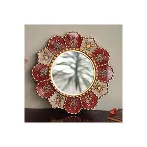  NOVICA Mohena wood mirror, Crimson Sunflower