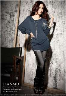 New Korea Womens Casual Blue Hot Drilling Cowl Collar Cotton T Shirt