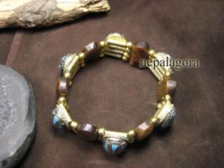 B2355 Tibetan Ethnic NAGA tribal design Bone beads Brass mosaic Oval 