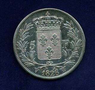 FRANCE CHARLES X 1826 W 5 FRANCS SILVER COIN, XF+, POLISHED  