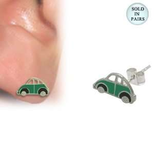   925 Sterling Silver Volkswagen Bug Ear Studs in Green & Black Jewelry