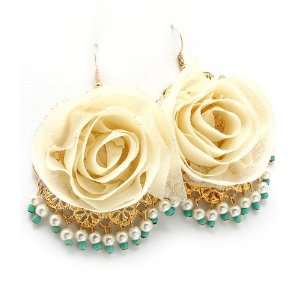  Rosy Rose Fabric Rose with Dangle Earrings Cream 