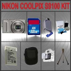  Nikon Coolpix S9100 Digital Camera (Silver) + Huge 
