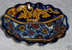   PRIMITIVE folk ART pottery DISH mexican CLAY floral BLUE yellow BOWL