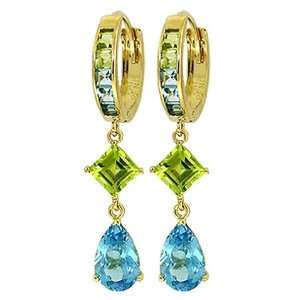 14k Gold Hoop Huggie Earrings with Genuine Square Peridots & Pear Blue 