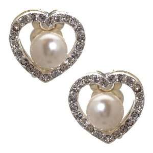  Ilia Silver Crystal White Pearl Heart Clip On Earrings 