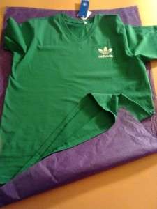 100%Adidas Originals Trefoil Green White Logo Left Side V Neck T Shirt 