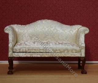 White Damask Sofa with Queen Anne Legs Dollhouse Miniature  