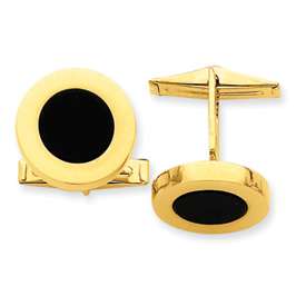 New Polished 14k Solid Gold and Onyx Round Cuff Links  