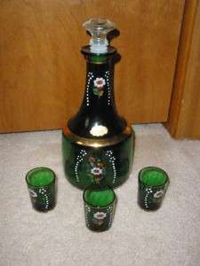 DFP Green Glass Decanter and 3 Shot Glasses  Italy  