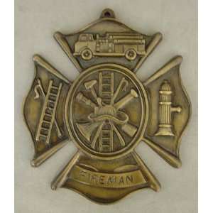  Firemans Plaque  Antique Finish Brass Maltese Cross