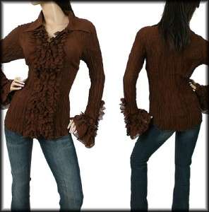 NWT~CHOCOLATE BROWN L/S FRENCH RUFFLE TOP BLOUSE 3X  