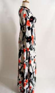   70s Black White Gray Red Poppy Flower Floral Keyhole Maxi Dress Gown M