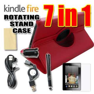  Kindle Fire Rotating Leather Case/Car Charger/USB Cable 
