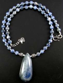 AAA NATURAL BLUE KYANITE PENDANT ROUND BEADS NECKLACE  