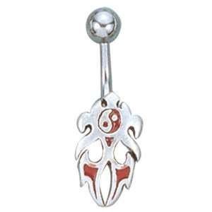   Piercing Belly Ring with YING YANG Symbol and Tribal Design Red Color