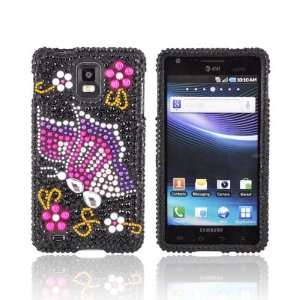 Pink Purple Butterfly on Black Gems Bling Plastic Case For 